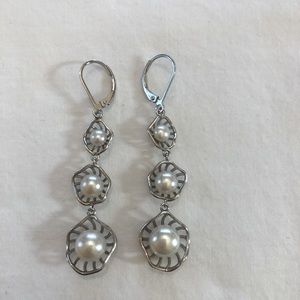 Sterling silver 3 tiered white pearl earrings